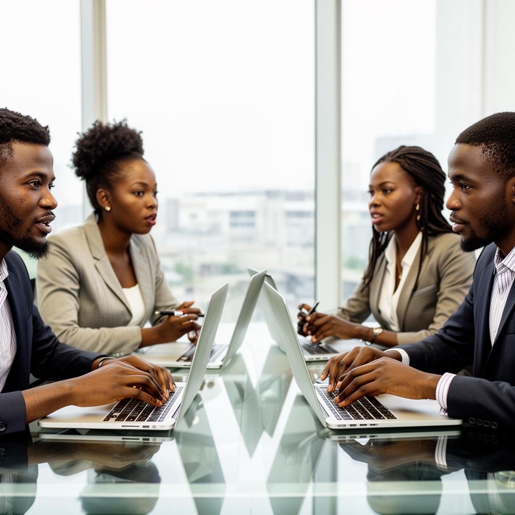 Diverse Nigerian team collaborating on AI workflows around a glass table.