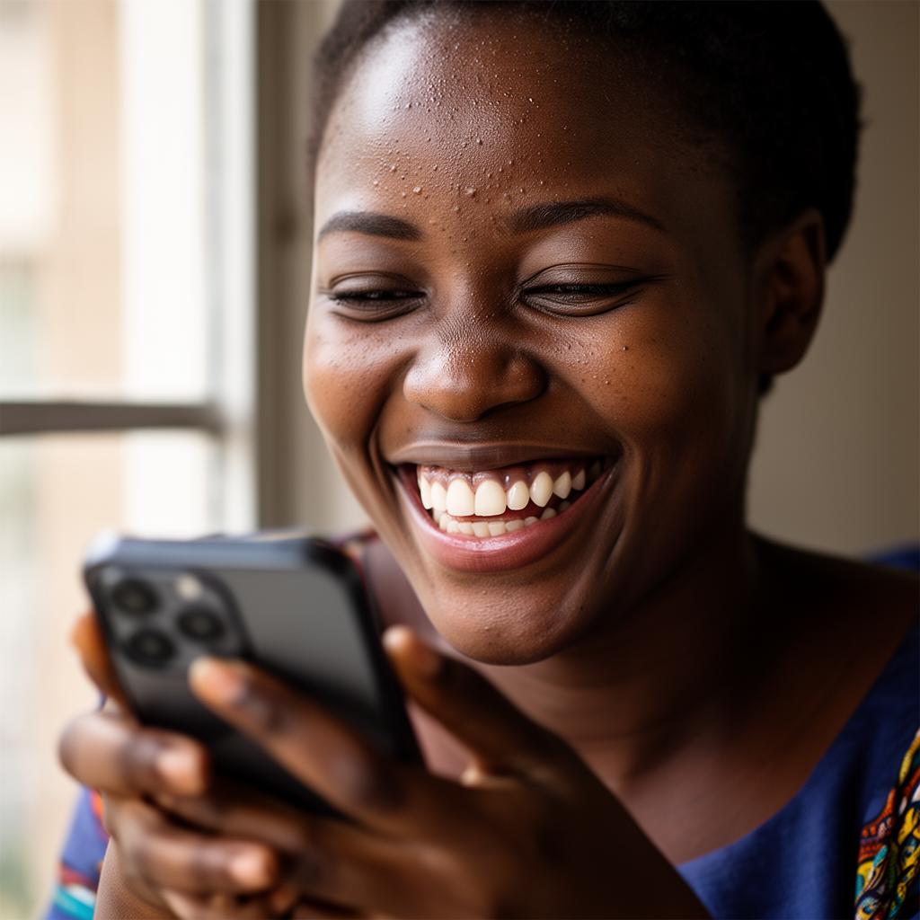 Nigerian woman laughing while interacting with an AI assistant on her phone.